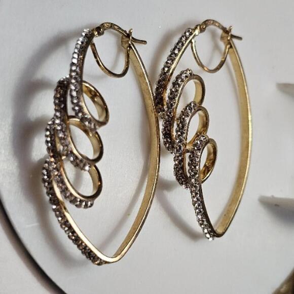 925 Sterling Silver Gold Plated With Crystal Swirl Twist Dangle Earrings 2 Inch - Picture 4 of 5